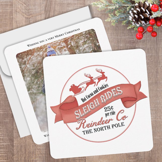 Invitation Simple Joyeux Noël Une photo (This cute Christmas photo card with a vintage North Pole Sleight Rides Sign)