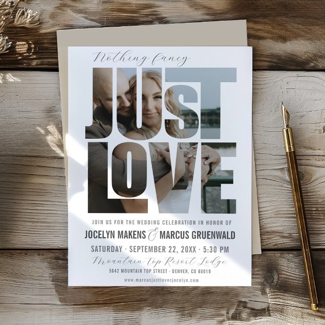 Invitation Simple Just Love Photo Words Fun Modern Mariage (Unique Casual minimalist wedding invitation with photo inside JUST LOVE bride & groom photo frame)