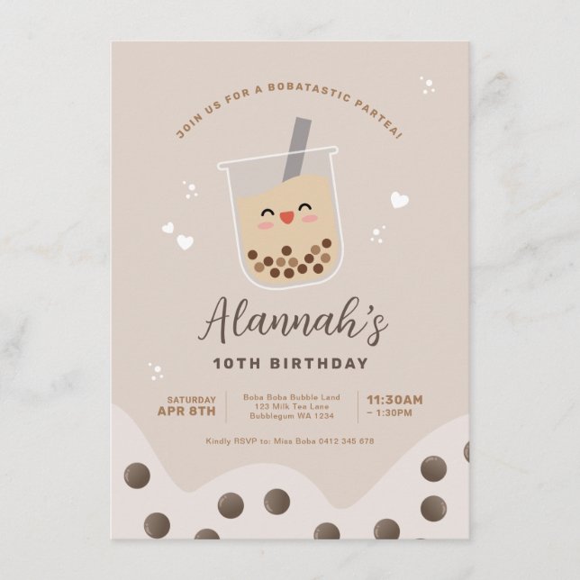 Invitation Simple Kawaii Boba Bubble Milk Tea Anniversaire (Devant)