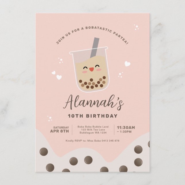 Invitation Simple Kawaii Boba Bubble Milk Tea rose Anniversai (Devant)