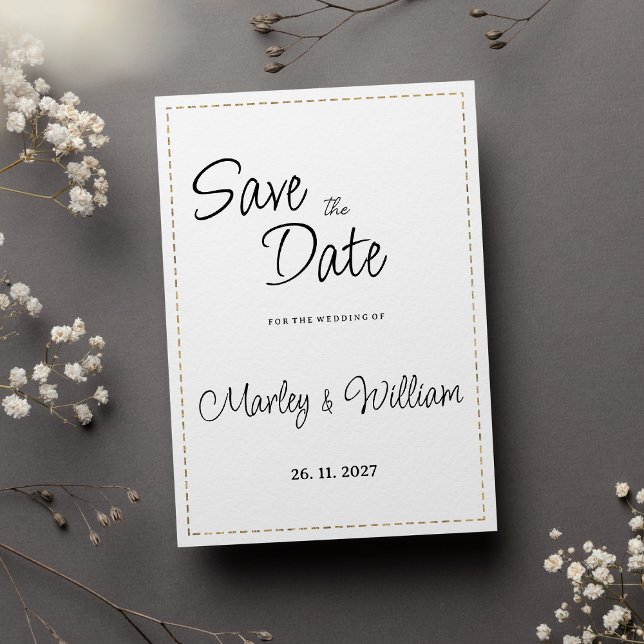 Invitation Simple ligne pointillée en or noir blanc Enregistr (Simple black white gold dashed line Save the Date )