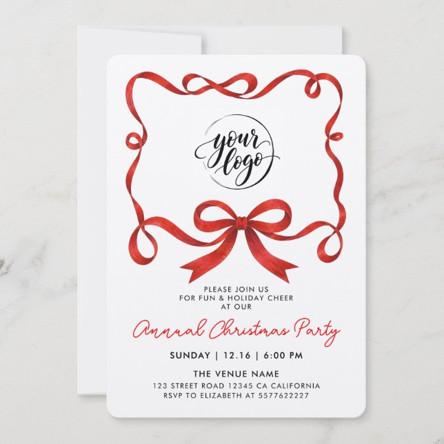 Invitation Simple Logo Noël Ruban Rouge Nœud Calligraphie (Devant)