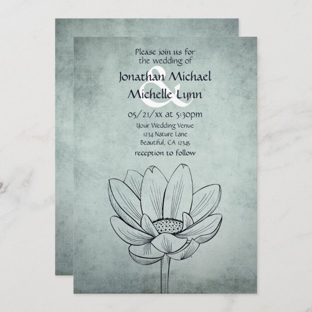 Invitation Simple Lotus Flower Dusty Blue Mariage Turquoise (Devant / Derrière)