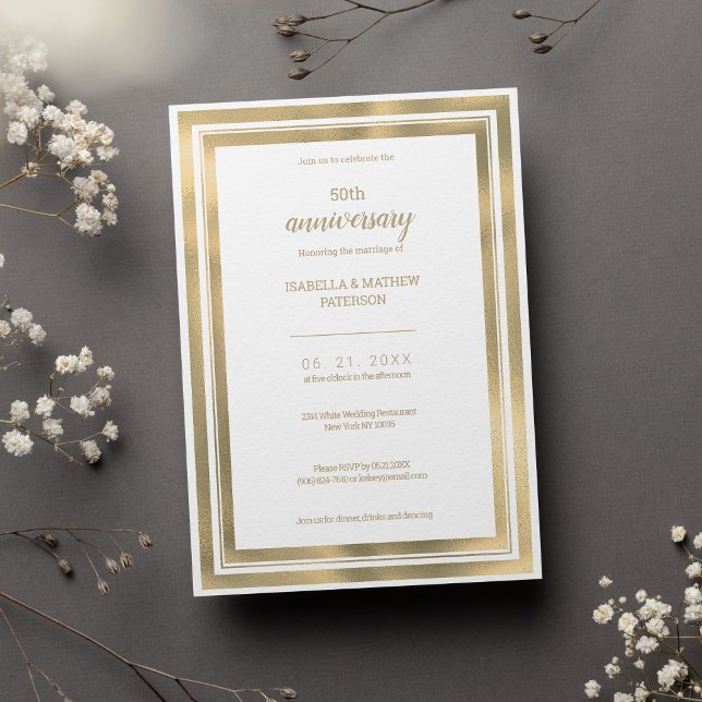 Invitation Simple luxe or blanc 50ème anniversaire Mariage (Simple luxury white gold 50th Wedding Anniversary)