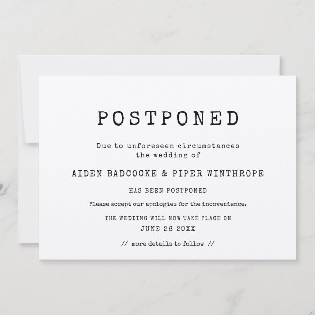 Invitation simple machine à écrire mariage reporté (Devant)