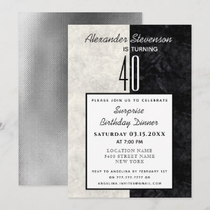 Invitation Simple Marbre Noir et Blanc pour 40e Anniversaire