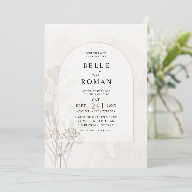 Invitation Simple mariage à l'aquarelle beige et or avec feui (Debout devant)