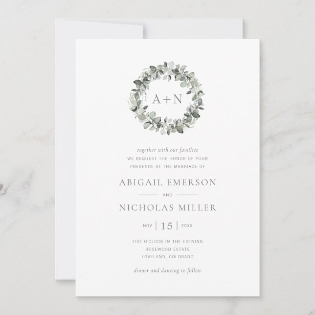 Invitation Simple Mariage Aquarelle Eucalyptus (Devant)