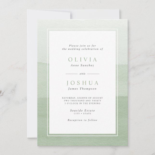 Invitation Simple Mariage Aquarelle Ombre Vert Sauge (Devant)
