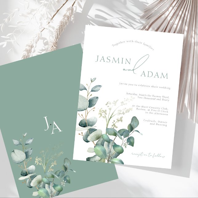 Invitation Simple Mariage au Monogramme de Verdure d'Eucalypt (Simple Eucalyptus Leaves Greenery Monogram Wedding Invitation)