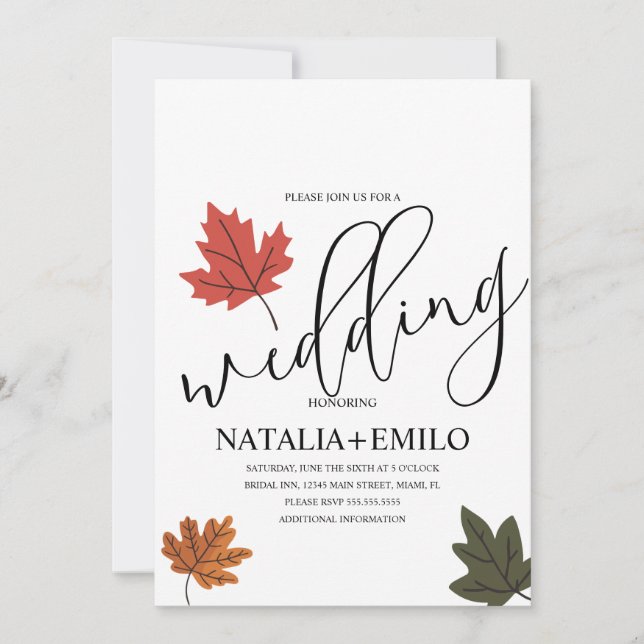 Invitation Simple Mariage Automnal Feuille  (Devant)