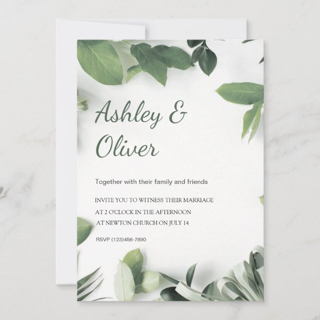 Invitation Simple Mariage aux Feuilles Vertes et Fleurs Blanc (Devant)