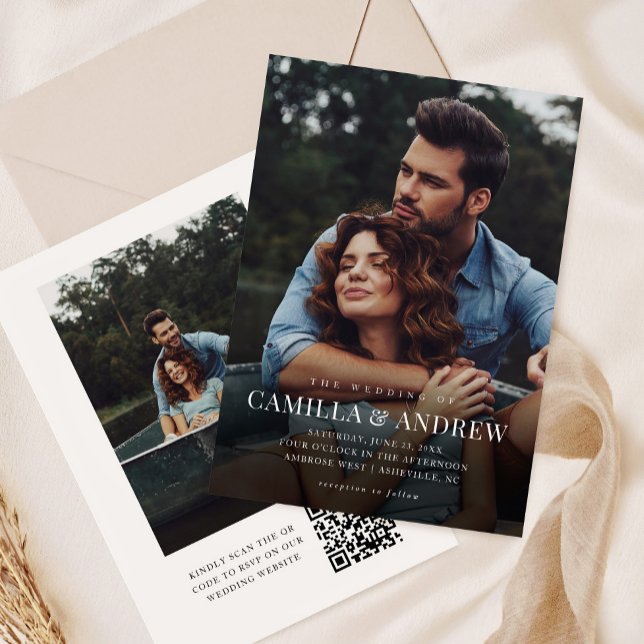Invitation Simple mariage avec code QR et superposition de ph (Simple typography overlay photo wedding invitation with QR code rsvp on the back.)