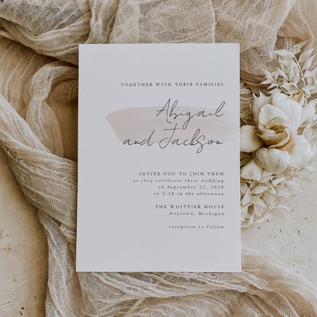 Invitation Simple mariage avec coups de pinceau rose (A simple, modern invitation for a wedding with a blush pink color palette.)