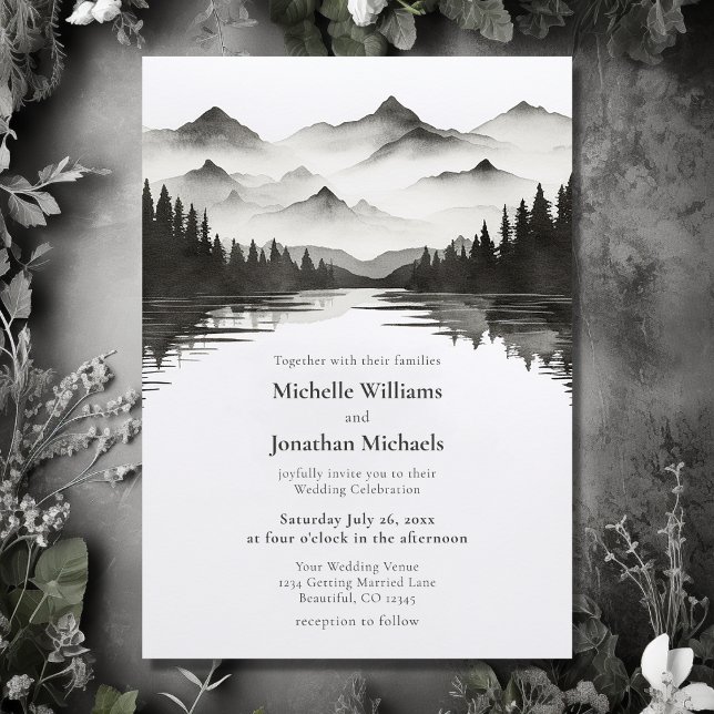 Invitation Simple Mariage Black and White Mountain Lake (Front - Simple Black and White Mountain Lake Wedding Invitation)