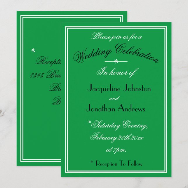 Invitation Simple Mariage Blanc Noir Détails Vert Emeraude (Devant / Derrière)