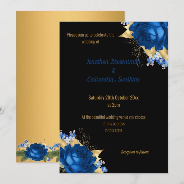 INVITATION SIMPLE MARIAGE BLEU FLORAL BLACK MODERNE (Devant / Derrière)