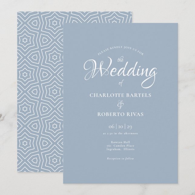 Invitation Simple Mariage Calligraphié Bleu Poussiéreux (Devant / Derrière)