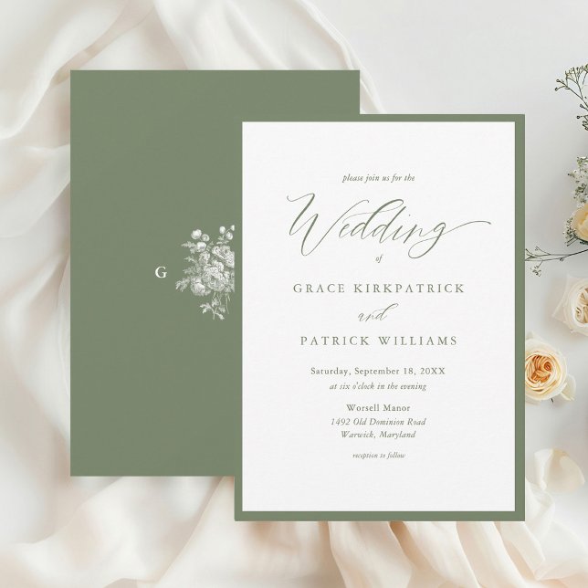 Invitation Simple Mariage Calligraphié Monogramme Vert Sauge (Créateur téléchargé)
