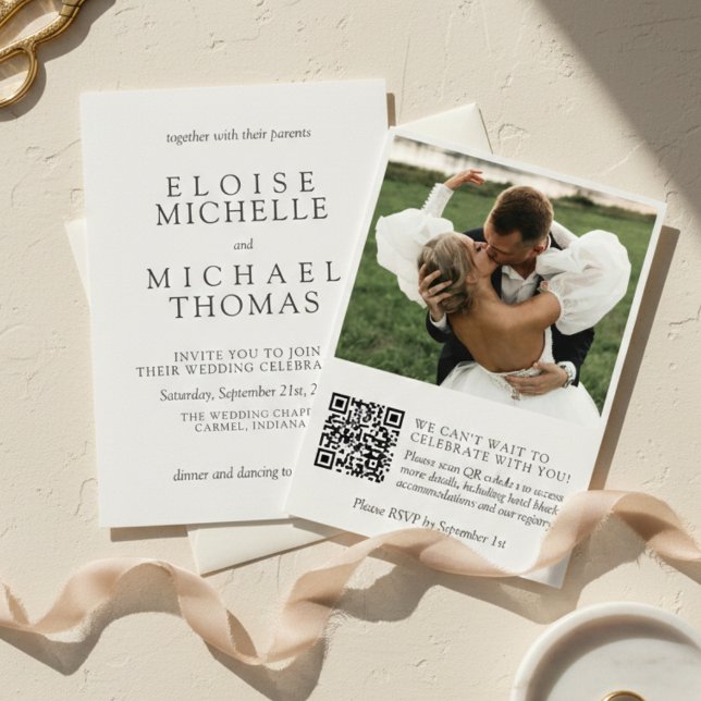 Invitation Simple Mariage Code QR Classique Photo Ivoire (Simple Ivory Photo Classic QR Code Wedding Invitation)