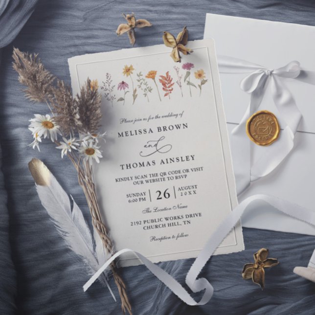 Invitation Simple mariage de code QR de fleur sauvage automna (Créateur téléchargé)