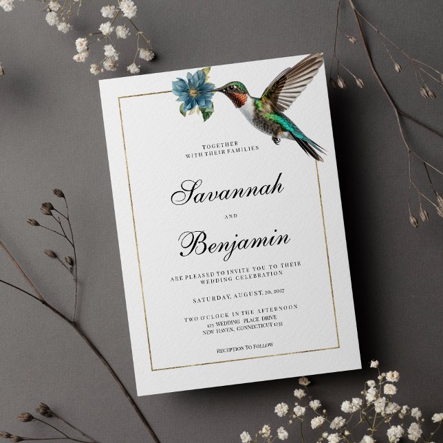 Invitation Simple mariage de colibri couleur or blanc (Simple white gold colorful hummingbird wedding)
