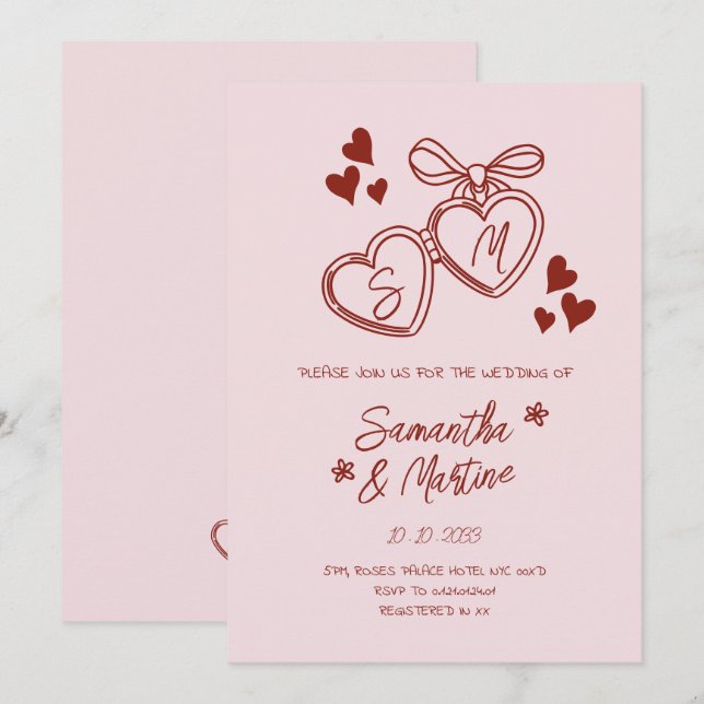 Invitation Simple mariage doodle manuscrit rose capricieux (Devant / Derrière)