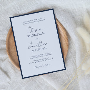 Invitation Simple mariage écriture bordure bleu marine