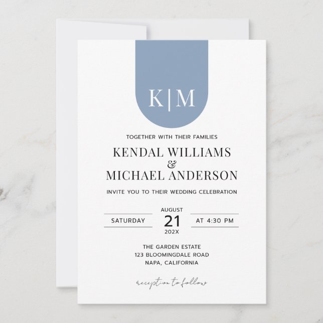 Invitation Simple mariage élégant blanc poussiéreux bleu mono (Devant)