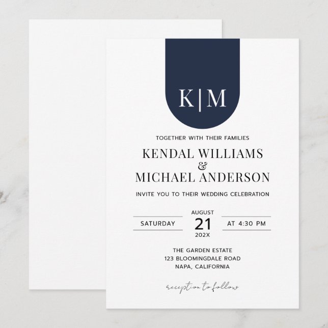 Invitation Simple mariage élégant monogramme blanc bleu (Devant / Derrière)