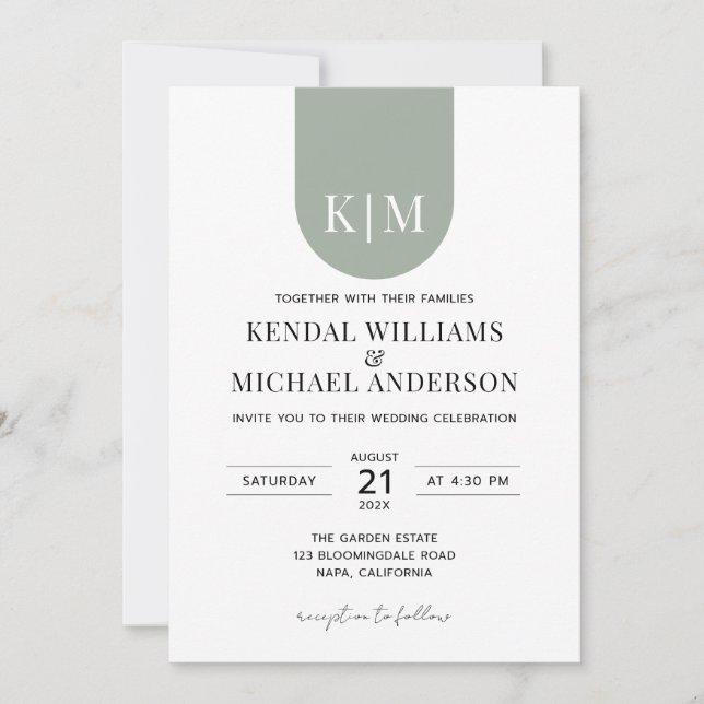 Invitation Simple mariage élégant monogramme blanc poussiéreu (Devant)