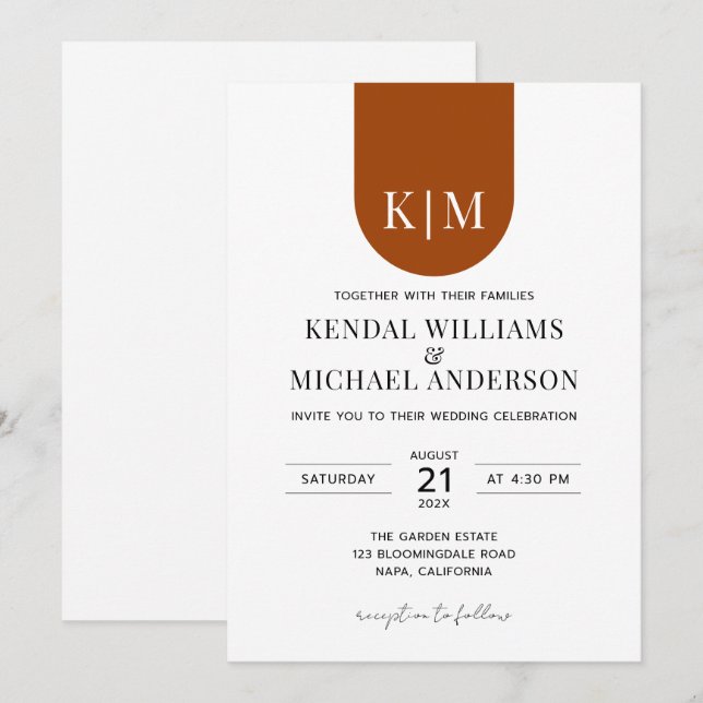 Invitation Simple mariage élégant monogramme en terre cuite b (Devant / Derrière)