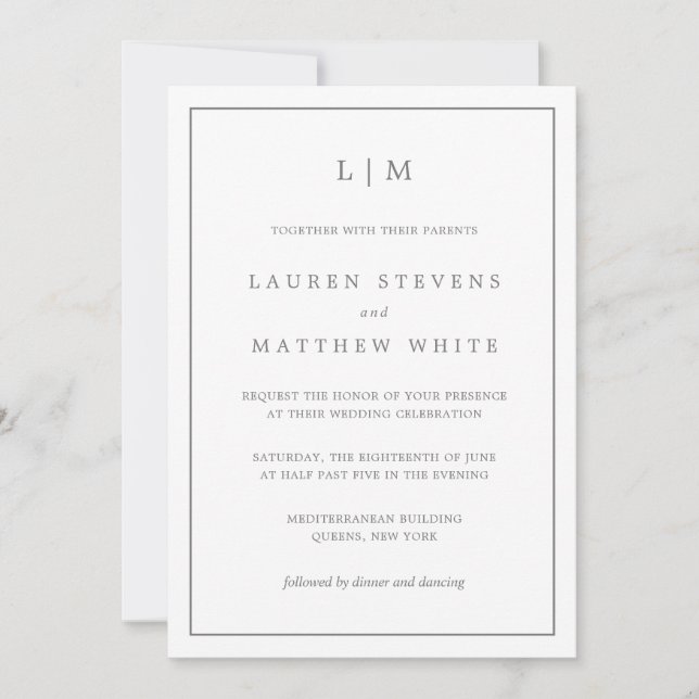 Invitation Simple Mariage Élégant Monogramme Gris Foncé (Devant)