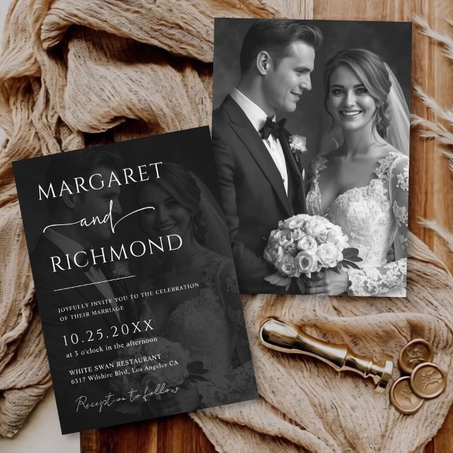 Invitation Simple Mariage Élégant Photo en surimpression Noir (Créateur téléchargé)