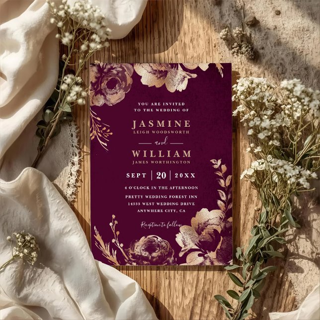 Invitation Simple mariage floral code QR Burgundy Blush (Créateur téléchargé)