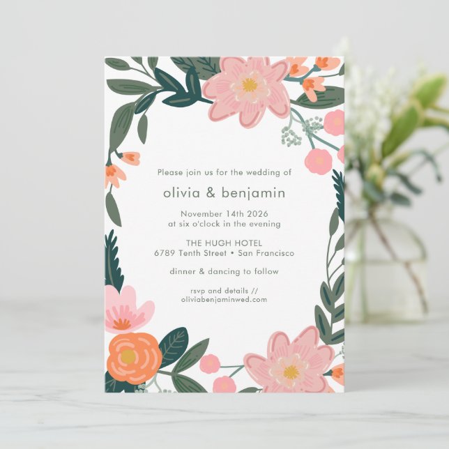 Invitation Simple Mariage Floral de Jardin de Cour Arrière Ro (Debout devant)