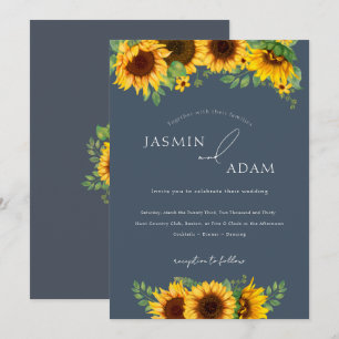 Invitation Simple Mariage Floral de Tournesol Bleu Royal