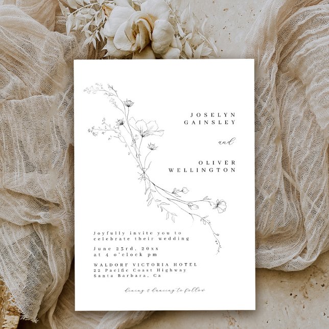 Invitation Simple Mariage Floral Esquisse Noir et Blanc (Créateur téléchargé)