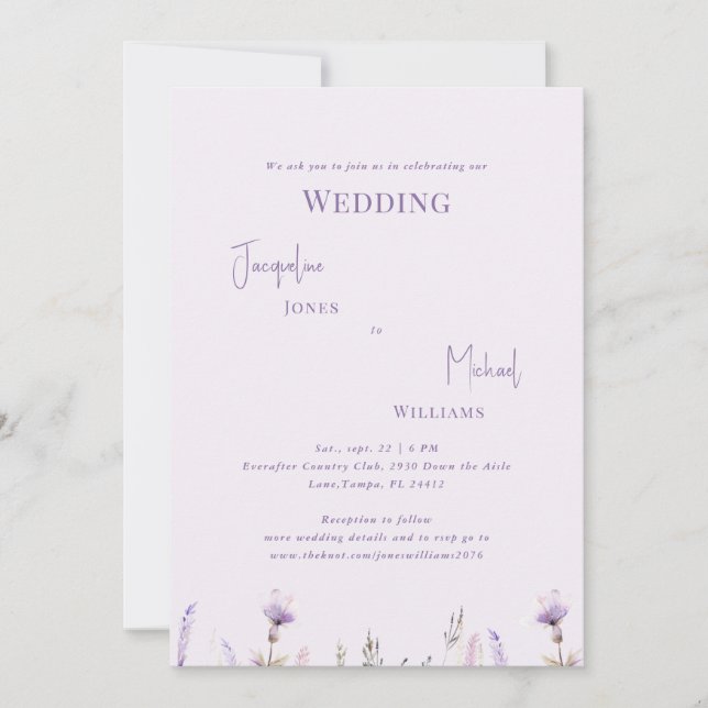 Invitation Simple Mariage Floral Lavande (Devant)
