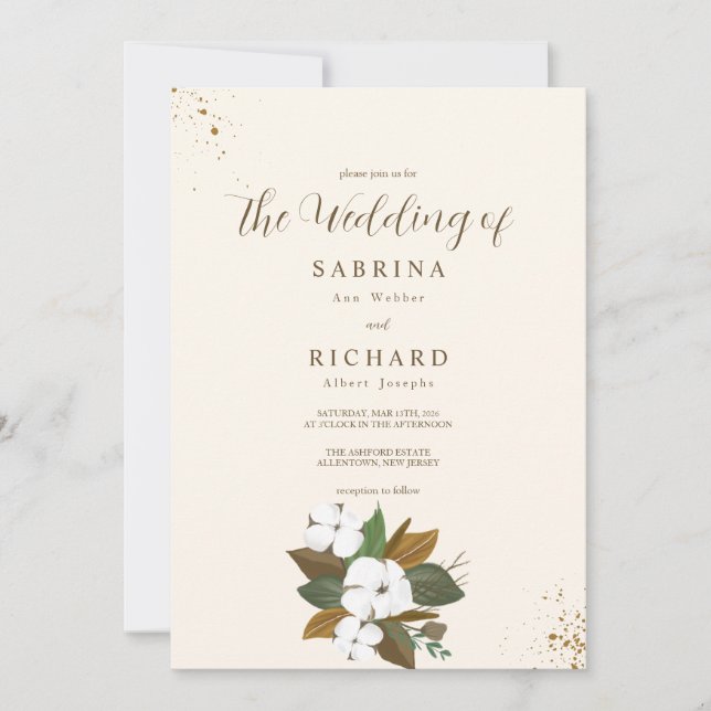 Invitation Simple Mariage Floral Marron Et Crème (Devant)