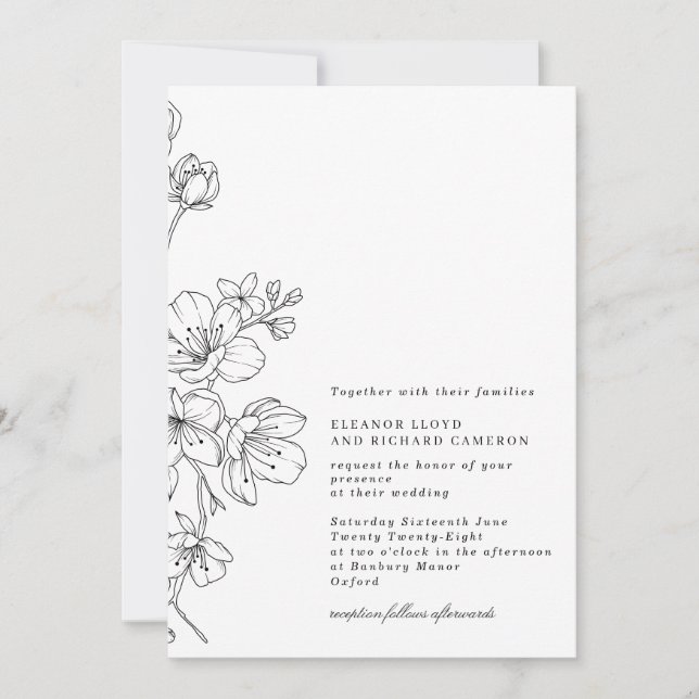 Invitation Simple Mariage floral noir et blanc (Devant)
