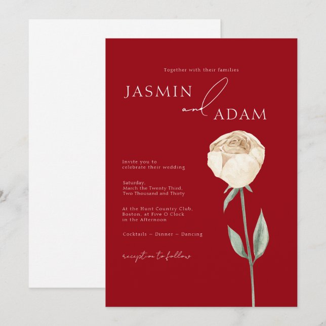Invitation Simple Mariage Floral Rouge Grenat Or Rose (Devant / Derrière)