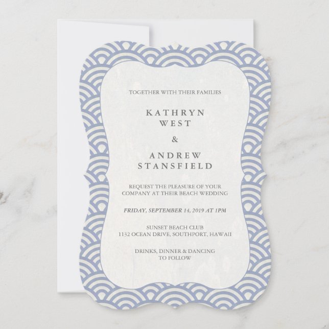 Invitation Simple mariage japonais bleu lilas Seigaiha vagues (Devant)