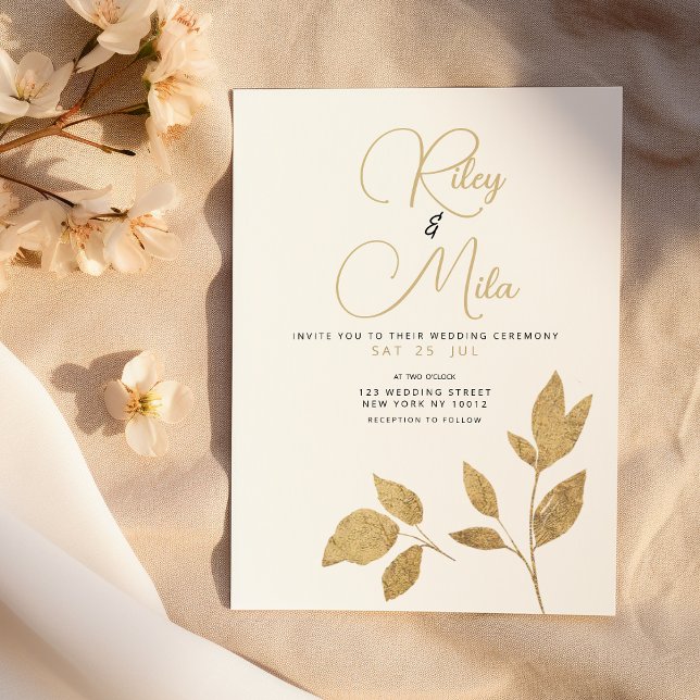 Invitation Simple Mariage luxueux de feuillage or blanc (Simple luxury white gold foliage Wedding)
