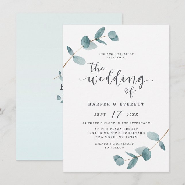 Invitation Simple Mariage Minimaliste Eucalyptus Calligraphie (Devant / Derrière)