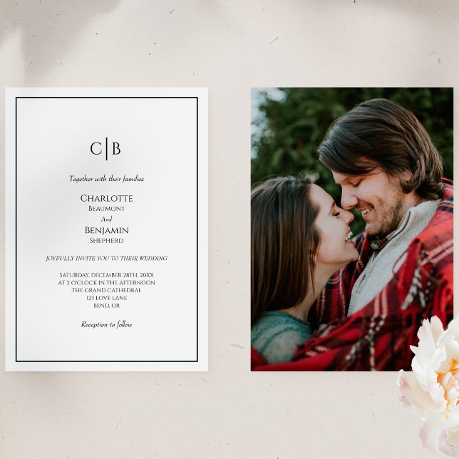 Invitation Simple Mariage Minimaliste Monogramme Photo (Créateur téléchargé)