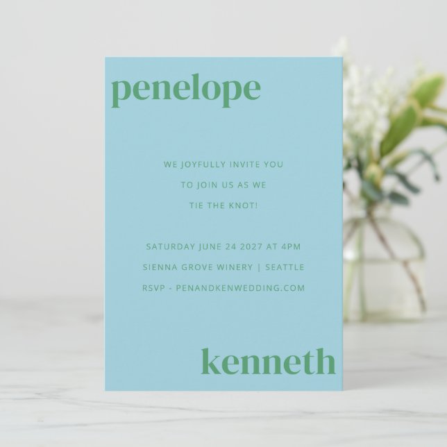 Invitation Simple Mariage Moderne Bleu Vert Mignon Tout En Un (Debout devant)