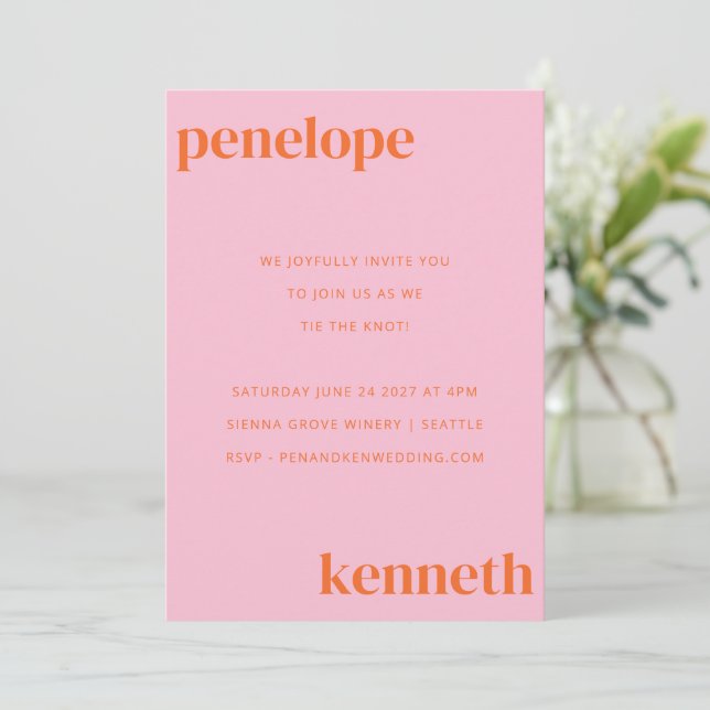 Invitation Simple Mariage Moderne Chic Orange Rose Tout En Un (Debout devant)