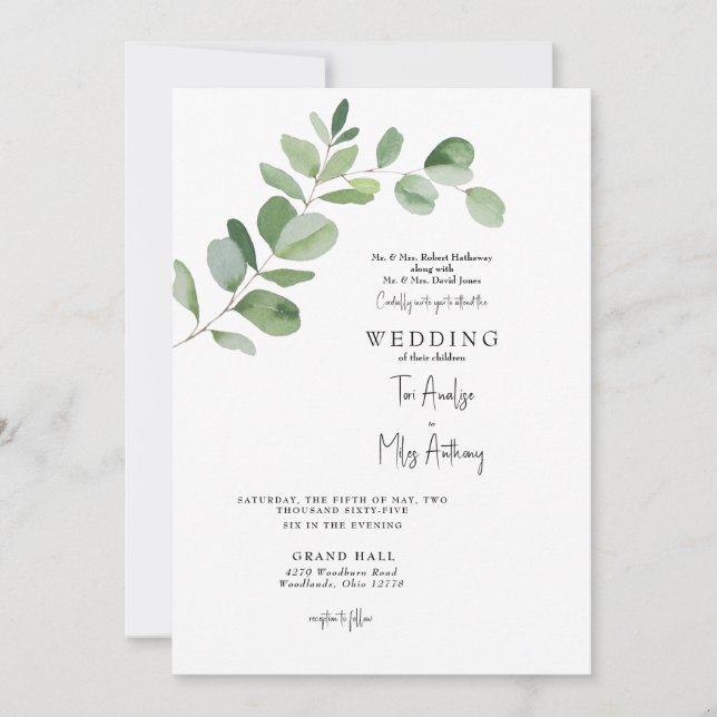 Invitation Simple mariage moderne Eucalyptus aux deux parents (Devant)