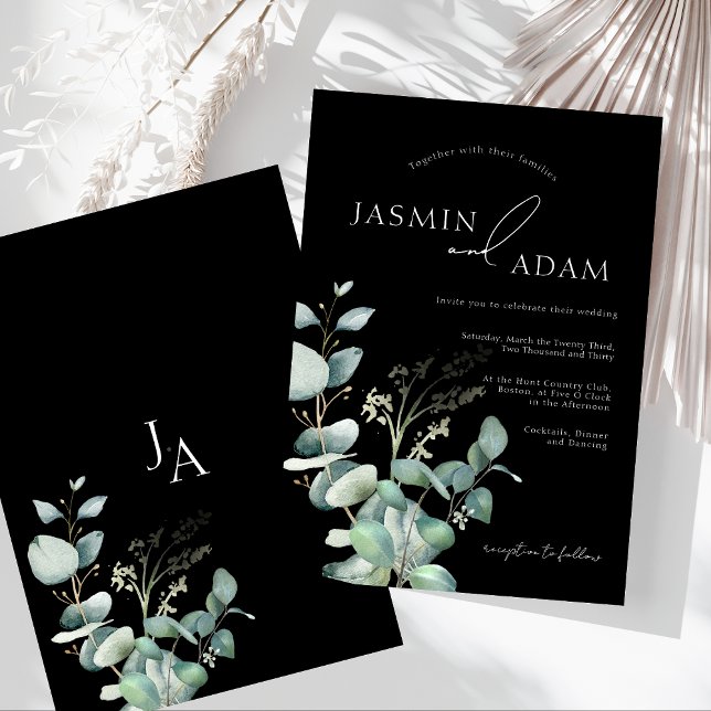 Invitation Simple Mariage Monogramme de Verdure d'Eucalyptus  (Simple Black Greenery Eucalyptus Monogram Wedding Invitation)